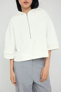 TRENDYOLMİLLA Ecru Hooded Zipper Detailed Three Quarter Sleeve Thick Knitting Sweatshirt - Image 3