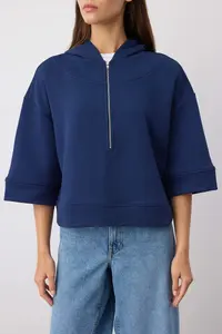 TRENDYOLMİLLA Navy Blue Hooded Zipper Detailed Three Quarter Sleeve Thick Knitting Sweatshirt - Image 3