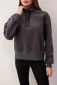 TRENDYOLMİLLA Anthracite Regular/Normal Pattern Zipper Detailed Dog collar Fleece Thick Knitting Sweatshirt - Image 3