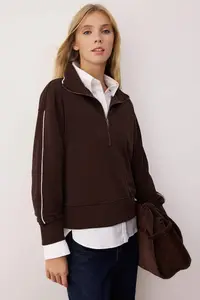 TRENDYOLMİLLA Brown Zippered Polo Shirt Collar Stripe Detailed Regular/Normal Cut Knitting Sweatshirt