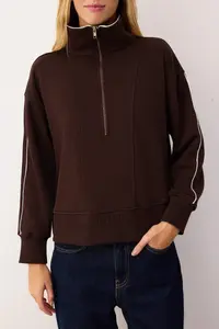 TRENDYOLMİLLA Brown Zippered Polo Shirt Collar Stripe Detailed Regular/Normal Cut Knitting Sweatshirt - Image 4