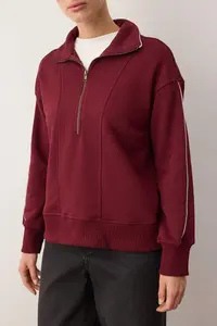 TRENDYOLMİLLA Burgundy Zippered Polo Shirt Collar Stripe Detailed Regular/Normal Cut Knitting Sweatshirt - Image 3