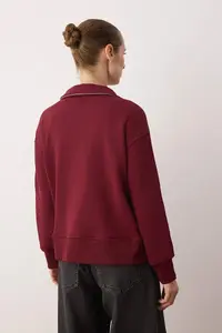 TRENDYOLMİLLA Burgundy Zippered Polo Shirt Collar Stripe Detailed Regular/Normal Cut Knitting Sweatshirt - Image 4