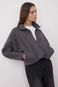 TRENDYOLMİLLA Anthracite Zippered Stitching Detailed Dog collar Bomber Jacket Knitting Sweatshirt