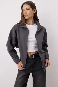 TRENDYOLMİLLA Anthracite Zippered Stitching Detailed Dog collar Bomber Jacket Knitting Sweatshirt - Image 2