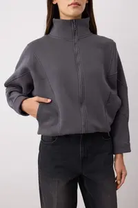 TRENDYOLMİLLA Anthracite Zippered Stitching Detailed Dog collar Bomber Jacket Knitting Sweatshirt - Image 3