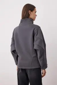 TRENDYOLMİLLA Anthracite Zippered Stitching Detailed Dog collar Bomber Jacket Knitting Sweatshirt - Image 4