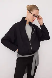 TRENDYOLMİLLA Black-White Color Bloklu Zippered Dog collar Oversized Bomber Jacket Knitting Sweatshirt - Image 2