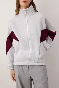 TRENDYOLMİLLA Gray Melange Burgundy Color Bloklu Zippered Dog collar Oversized Bomber Jacket Knitting Sweatshirt - Image 3