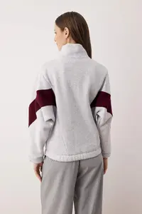 TRENDYOLMİLLA Gray Melange Burgundy Color Bloklu Zippered Dog collar Oversized Bomber Jacket Knitting Sweatshirt - Image 4