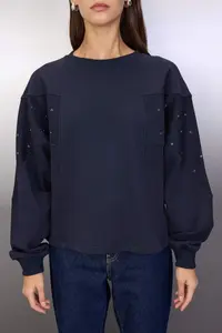 TRENDYOLMİLLA Navy Blue eyelet Accessory Detailed Crew Neck Oversized/Wide Cut Knitting Sweatshirt - Image 3