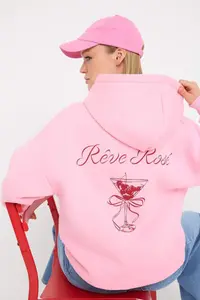 TRENDYOLMİLLA Light Pink Back and Front Printed Hooded Oversized/Wide Pattern Knitting Sweatshirt - Image 2