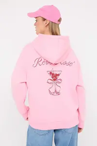 TRENDYOLMİLLA Light Pink Back and Front Printed Hooded Oversized/Wide Pattern Knitting Sweatshirt - Image 4