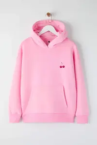 TRENDYOLMİLLA Light Pink Back and Front Printed Hooded Oversized/Wide Pattern Knitting Sweatshirt - Image 6