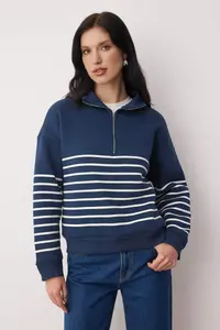 TRENDYOLMİLLA Navy Blue Striped Oversized/Wide Pattern Zippered Thick Fleece Inside Knitting Sweatshirt