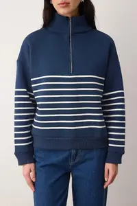 TRENDYOLMİLLA Navy Blue Striped Oversized/Wide Pattern Zippered Thick Fleece Inside Knitting Sweatshirt - Image 3