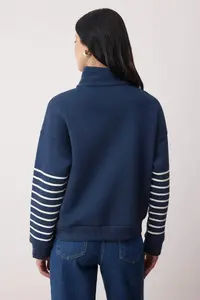 TRENDYOLMİLLA Navy Blue Striped Oversized/Wide Pattern Zippered Thick Fleece Inside Knitting Sweatshirt - Image 4