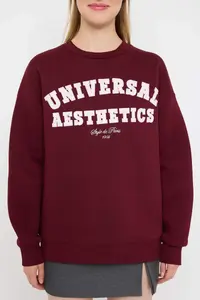 TRENDYOLMİLLA Burgundy Slogan Embroidered Oversized/Wide Pattern Knitting Sweatshirt - Image 3