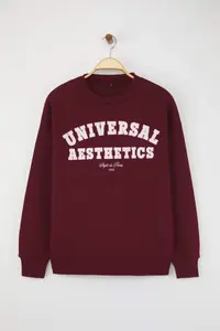 TRENDYOLMİLLA Burgundy Slogan Embroidered Oversized/Wide Pattern Knitting Sweatshirt - Image 5