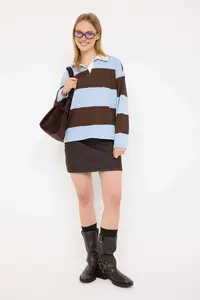 TRENDYOLMİLLA Brown Striped Polo Shirt Collar Oversized/Wide Pattern Knitting Sweatshirt
