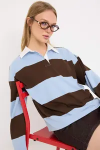 TRENDYOLMİLLA Brown Striped Polo Shirt Collar Oversized/Wide Pattern Knitting Sweatshirt - Image 2