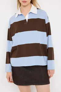 TRENDYOLMİLLA Brown Striped Polo Shirt Collar Oversized/Wide Pattern Knitting Sweatshirt - Image 3