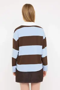 TRENDYOLMİLLA Brown Striped Polo Shirt Collar Oversized/Wide Pattern Knitting Sweatshirt - Image 4