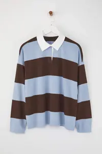 TRENDYOLMİLLA Brown Striped Polo Shirt Collar Oversized/Wide Pattern Knitting Sweatshirt - Image 5