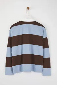 TRENDYOLMİLLA Brown Striped Polo Shirt Collar Oversized/Wide Pattern Knitting Sweatshirt - Image 6