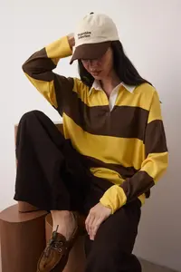 TRENDYOLMİLLA Yellow Striped Polo Shirt Collar Oversized/Wide Pattern Knitting Sweatshirt - Image 2