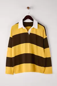 TRENDYOLMİLLA Yellow Striped Polo Shirt Collar Oversized/Wide Pattern Knitting Sweatshirt - Image 5