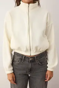 TRENDYOLMİLLA Ecru Fleece Zippered Oversized/Wide Pattern Thick Knitting Sweatshirt - Image 3