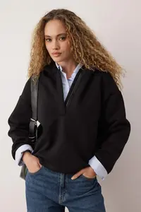 TRENDYOLMİLLA Black Thick Fleece Inside Half Patch Zippered Oversized Hooded Knitting Sweatshirt - Image 2