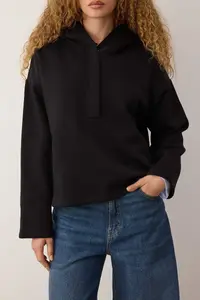 TRENDYOLMİLLA Black Thick Fleece Inside Half Patch Zippered Oversized Hooded Knitting Sweatshirt - Image 3