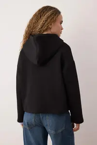 TRENDYOLMİLLA Black Thick Fleece Inside Half Patch Zippered Oversized Hooded Knitting Sweatshirt - Image 4