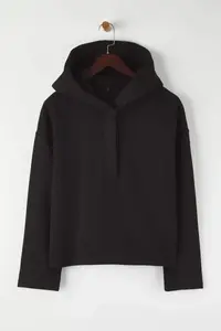 TRENDYOLMİLLA Black Thick Fleece Inside Half Patch Zippered Oversized Hooded Knitting Sweatshirt - Image 5