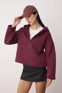 TRENDYOLMİLLA Plum Thick Fleece Inside Half Patch Zippered Oversized Hooded Knitting Sweatshirt