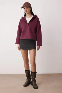 TRENDYOLMİLLA Plum Thick Fleece Inside Half Patch Zippered Oversized Hooded Knitting Sweatshirt - Image 2