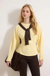 TRENDYOLMİLLA Light Yellow Thick Wrapless Crew Neck Knitting Sweatshirt