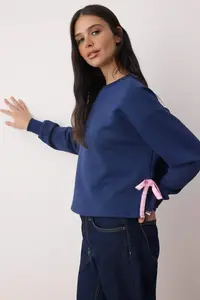TRENDYOLMİLLA Navy Blue Thick Fleece Ribbon Detailed Crop Size Knitting Sweatshirt - Image 2
