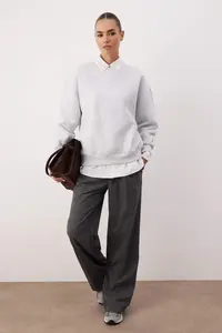 TRENDYOLMİLLA Snow Melange Thick Slogan Embroidered Oversized Crew Neck Knitting Sweatshirt with Fleece Inside