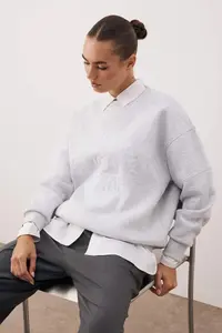 TRENDYOLMİLLA Snow Melange Thick Slogan Embroidered Oversized Crew Neck Knitting Sweatshirt with Fleece Inside - Image 2