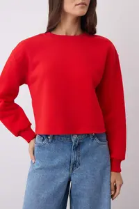 TRENDYOLMİLLA Red Thick Fleece Inside Crew Neck Crop Knitting Sweatshirt - Image 3