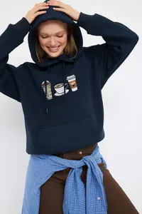 TRENDYOLMİLLA Teen Navy Blue Embroidered Oversized/Wide Pattern Hooded Knitting Sweatshirt