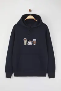 TRENDYOLMİLLA Teen Navy Blue Embroidered Oversized/Wide Pattern Hooded Knitting Sweatshirt - Image 5