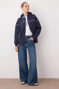 TRENDYOLMİLLA Navy Blue Hooded and Piping Detailed Oversized/Wide Pattern Knitting Sweatshirt - Image 2