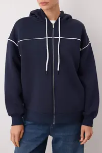 TRENDYOLMİLLA Navy Blue Hooded and Piping Detailed Oversized/Wide Pattern Knitting Sweatshirt - Image 3