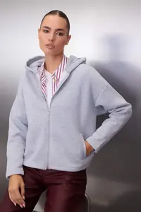 TRENDYOLMİLLA Gray Melange Thick Fleece Inside Hooded Zippered Oversized/Wide Cut Knitting Sweatshirt - Image 2