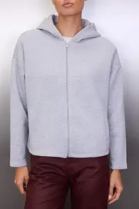 TRENDYOLMİLLA Gray Melange Thick Fleece Inside Hooded Zippered Oversized/Wide Cut Knitting Sweatshirt - Image 3