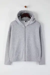 TRENDYOLMİLLA Gray Melange Thick Fleece Inside Hooded Zippered Oversized/Wide Cut Knitting Sweatshirt - Image 5